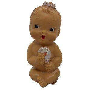Vintage Sitting Baby Girl Mirror & Lipstick Rubber Toy Cute Collectible